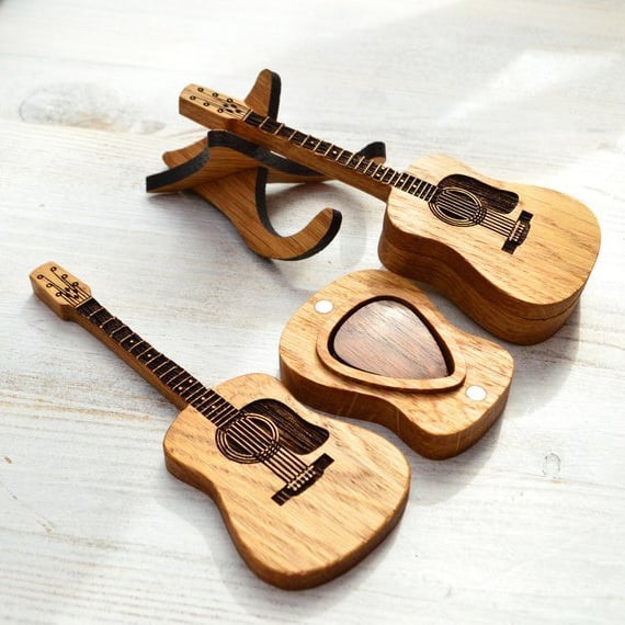 Wooden Guitar Pick Box With Stand