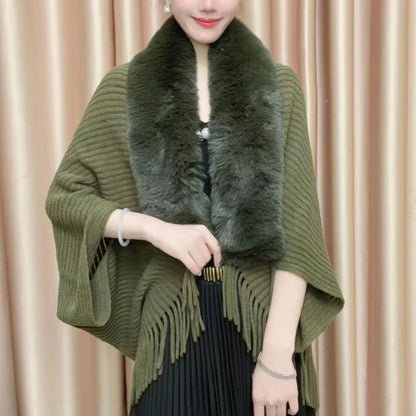 Knitted Fringed Fur-Neck Shawl