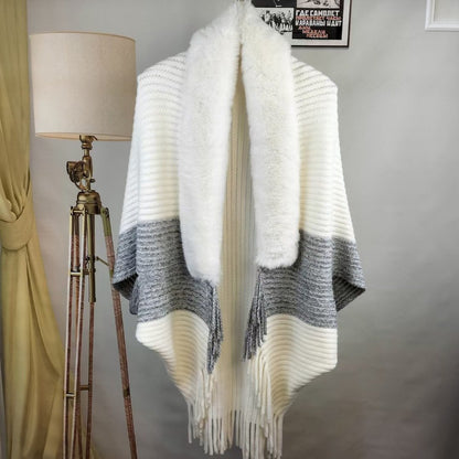 Knitted Fringed Fur-Neck Shawl