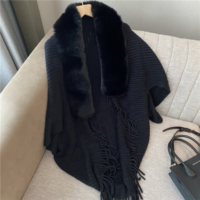 Knitted Fringed Fur-Neck Shawl