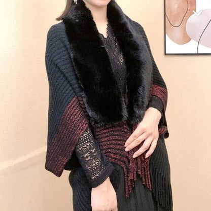 Knitted Fringed Fur-Neck Shawl